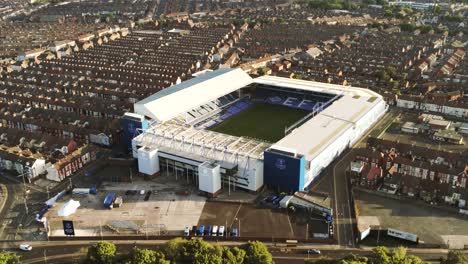 Iconic-Goodison-Park-EFC-football-ground-stadium-aerial-view,-Everton,-Liverpool-slow-hover-left