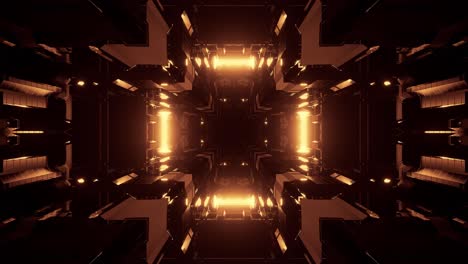 Flying-slow-into-gold-tunnel,-sci-fi-spaceship-interior,-futuristic-technology-corridor-abstract-seamless-VJ-for-tech-titles-and-background
