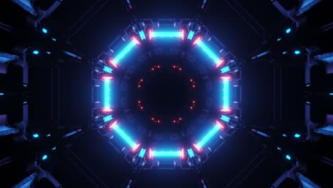 Flying-slow-into-hexagonal-ring-tunnel,-sci-fi-interior,-futuristic-technology-corridor-abstract-seamless-VJ-for-tech-titles-and-background