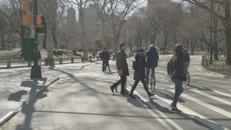 Pedestrians-waiting-then-crossing-the-street-bike-path-in-Central-Park,-Manhattan,-on-a-bright-fall-day