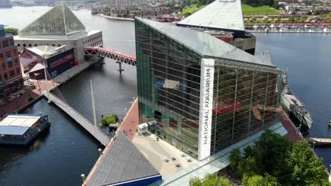 Aerial-of-National-Aquarium-as-seen-from-Baltimore-Inner-Harbor,-home-of-rain-forest-and-dolphin-show