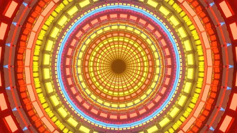 Sci-fi-motion-graphics:-vibrant-colorful-circle-forms-of-intermittent-blocks-rotating-and-expanding-designs-and-patterns-down-short-tunnel