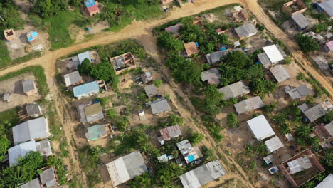 Birds-eye-aerial-shot-of-an-indigenous-slum-outside-the-city-of-Manaus,-Brazil