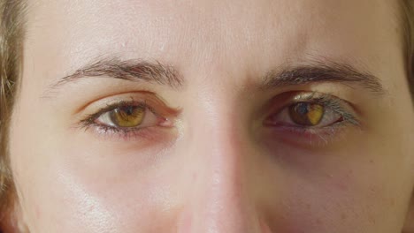 Nahaufnahme-Der-Schönen-Hellbraunen-Augen-Der-Kaukasischen-Frau,-Die-Mit-Natürlichem-Blitz-Direkt-Auf-Die-Kamera-Schaut