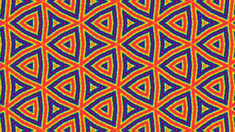 Animation-of-colorful-hexagons-arranged-symmetrically,-rotating-and-changing-shapes,-isolated-on-orange-background