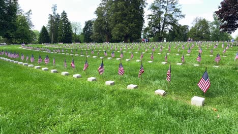 Gettysburg-National-Cemetery,-American-Civil-War-army-soldiers-buried-at-battleground,-American-Flags,-Memorial-Day-Theme