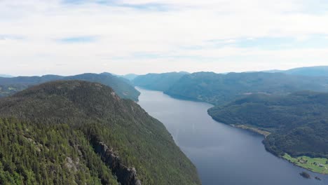 Aerial-4K:-amazing-Norway-highland-landscape,-Bandak-Lake-in-mountain-valley