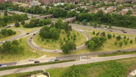 An-aerial-view-over-a-GCP-parkway-exit-on-a-cloudy-day-in-NY