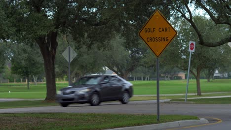 Golf-Cart-Crossing-Sign-Traffic-Passing-Wooded-Area