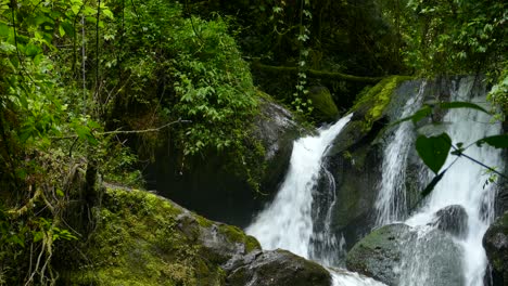Nahaufnahme-Eines-Wasserfalls-Im-Tropischen-Wald-Mit-Kleinen-Exotischen-Vögeln,-Die-Herumfliegen