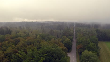 Timelapse-of-shifting-fog-over-a-big-forest-while-cars-are-driving-up-a-street-to-the-horizon,-beautiful-morning-in-southern-bavaria