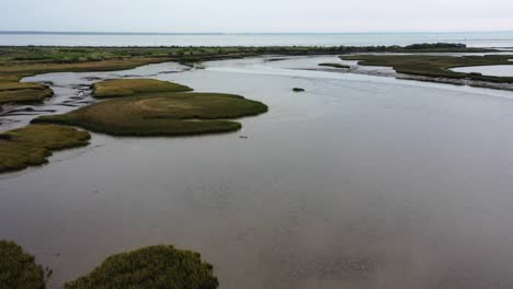Wetlands-merging-with-Arcachon-Bay-waters-at-the-Domaine-de-Graveyron-preserve-in-France,-Aerial-flyover-view