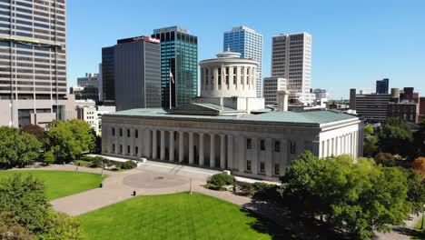 Ohio-Statehouse-in-downtown-Columbus,-Ohio---aerial-drone-footage
