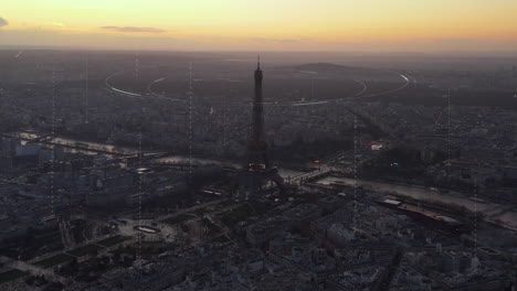 Intelligente-Stadt,-Die-Kommunikationsnetzwerk-Verbindet---Pariser-Skyline-Eiffelturm-Sonnenuntergang-Hintergrund---3d-renderanimation