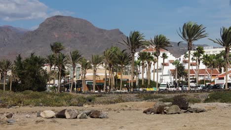 View-of-people-walking-along-the-beach-with-mountains-in-the-background