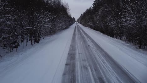 Aerial-view-of-winter-road-alley-surrounded-by-snow-covered-trees-in-overcast-winter-day,-small-snowflakes-falling,-wide-angle-drone-shot-moving-forward-low-to-the-road