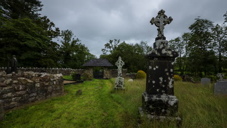 Time-Lapse-of-local-historical-graveyard-on-a-cloudy-day-in-rural-Ireland