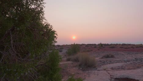 Unglaubliche-Orangefarbene-Sonne-Geht-Hinter-Einem-Einsamen-Strauch-In-Der-Wüste-Von-Moab,-Utah,-USA-Unter-Dolly-Rechts