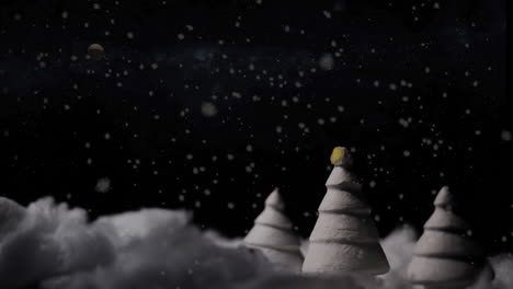 Animated-snowy-toy-landscape-with-Christmas-trees-at-night,-moon-and-snow