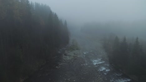 Mystical-eerie-forest-with-small-river-during-mist,-aerial-under-fog