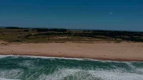 Natural-ocean-wave-flowing-the-ocean-beach-of-Rocha-Uruguay,-green-vegetation-at-the-coastal-beach-of-rocha