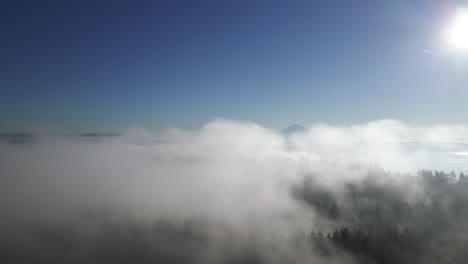 Pulling-back-through-advection-fog-revealing-Mount-Rainier-and-surrounding-Puget-Sound-forest,-aerial