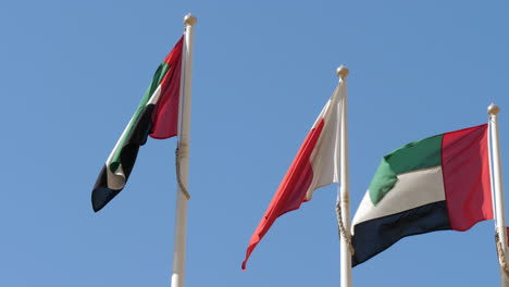 Flags-of-Dubai-and-UAE-fluttering-in-wind-against-blue-sky
