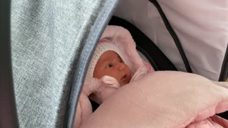Adorable-little-newborn-baby-girl-wrapped-in-pink-and-quiet-in-her-carrier