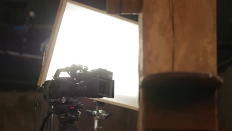 Studio-camera-on-tripod-in-front-of-professional-studio-lights