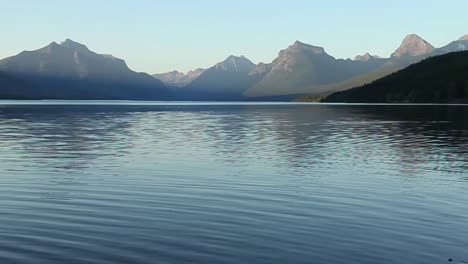 A-view-across-Lake-MacDonald-at-sunset,-Glacier-National-Park,-Montana,-USA