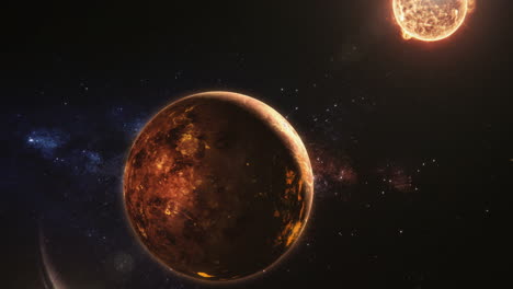 Eine-VFX-Animation-Eines-Roten-Feuerplaneten-Und-Eines-Brennenden-Sterns-Im-Weltraum