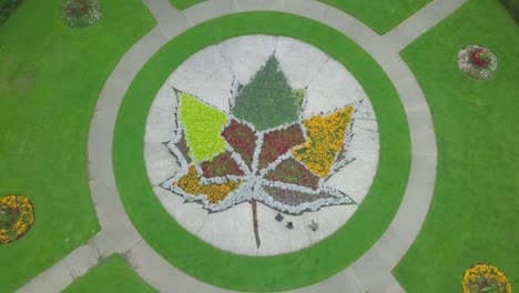 Aerial-Stable-Shot-of-Colorful-Canadian-Maple-Leaf-in-Public-Garden