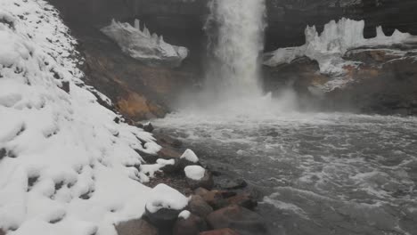 Showing-a-waterfall-and-river-from-a-low-angle-during-a-cloudy-winter-day