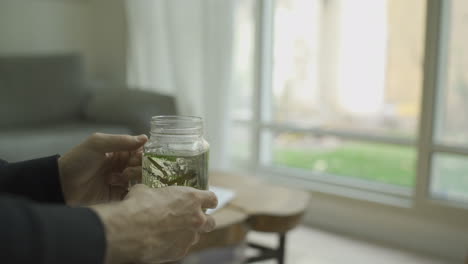 Man-holding-herbal-tea-glass-in-apartment-with-a-garden