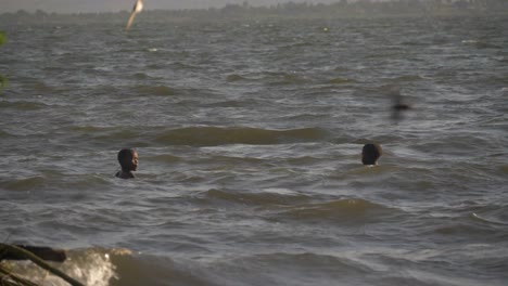 Slow-motion-shot-of-young-African-boys-playing-in-the-waves-and-swell-of-Lake-Victoria-in-Africa