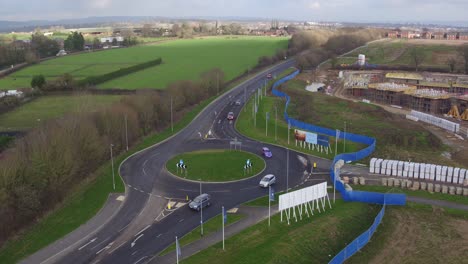 Static-Aerial-view-of-newly-constructed-roundabout-in-the-UK