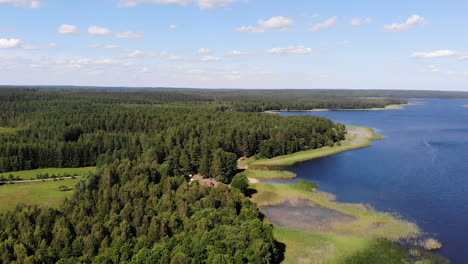 AERIAL:-Flying-Above-Green-Scenic-Forest-With-Magneficient-Blue-Lake-Besides