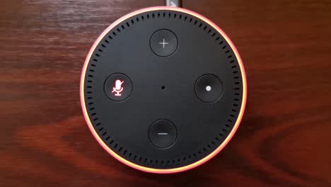 Close-up-video-of-a-girl-pressing-the-mute-button-on-the-Alexa-Echo-Dot-Amazon-device