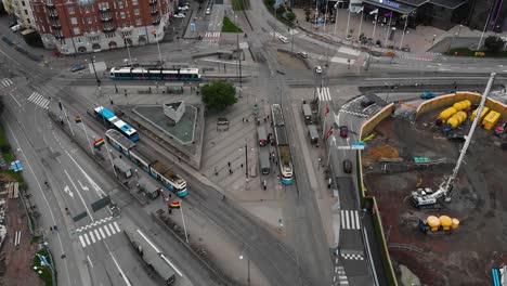 Aerial-view-of-the-transportationn-hub-called-Korsvagen-located-in-Gothenburg,-Sweden