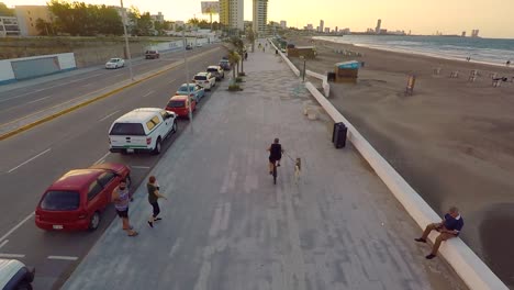 overflight-in-slow-motion-on-boulevard,-observing-with-bird's-eye-view-the-ride-of-a-cyclist-with-his-husky-on-the-beach-of-Boca-de-Rio,-Veracruz