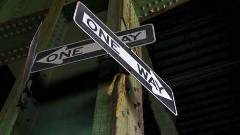 One-Way-Sign,-Brooklyn-New,-York-City,-4K-60P-Daytime,-under-highway
