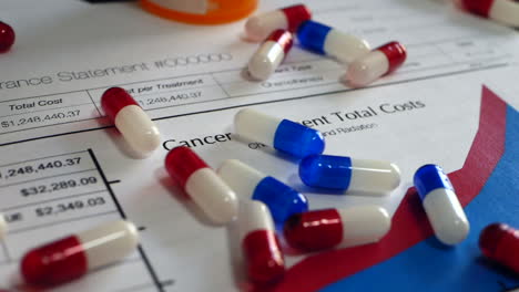 Cancer-treatment-prescription-pills-spilling-onto-a-prop-medical-health-insurance-form-SLOW-MOTION