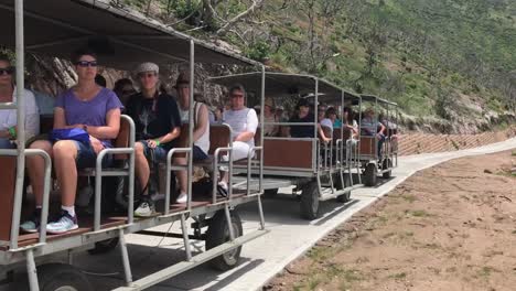 Visitors-on-tourist-'train'-explore-steep-hillside-of-Nature-Reserve