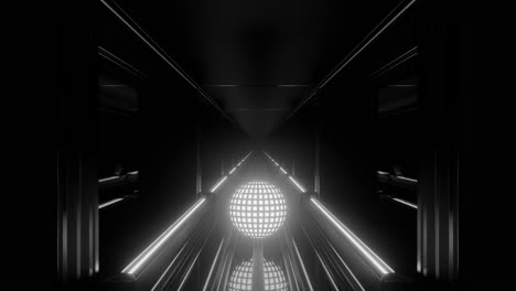 Dunkelschwarzer-Tunnel,-Beleuchtet-Von-Strahlender-Kugel,-Monochrom,-3D-Bewegung