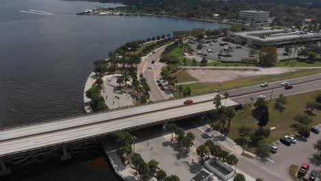 Aerial-of-river-walk-area-in-Bradenton,-Florida