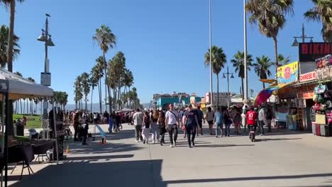 Menschen,-Die-Am-Berühmten-Venice-Beach-Boardwalk-In-Südkalifornien-Spazieren-Gehen,-Der-Von-Den-Berühmten-Palmen-Südkaliforniens-Gesäumt-Ist