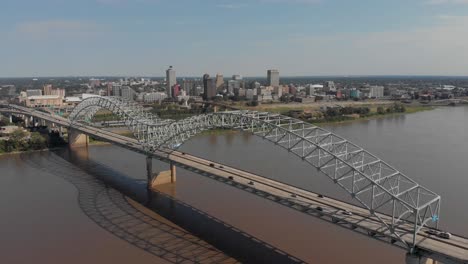 Aerial-Pan-of-Hernando-de-Soto-Bridge-with-Downtown-Memphis-in-Background