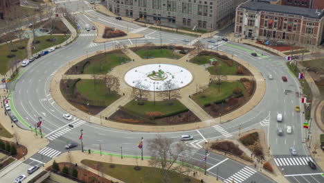 Moving-traffic-in-a-roundabout,-aerial-hyper-lapse-of-Logan-Square-in-Philadelphia,-PA