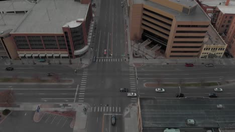 Tilt-shift-aerial:-Urban-Colorado-Springs-traffic-and-Rocky-Mountains