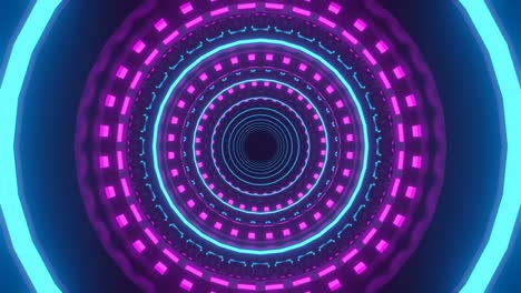 Sci-fi-motion-graphics:-slow-journey-inside-tunnel-of-teal-and-purple-alternating-colors-of-symmetrical-and-expanding-circles